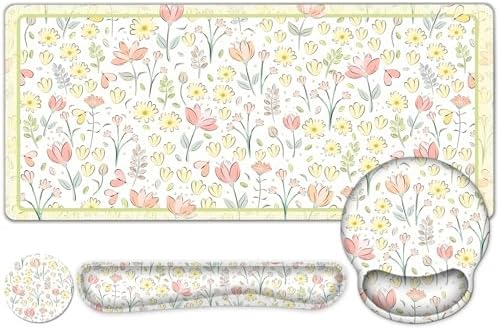 Desk Mat, 4in1 Large Mouse Pad with Wrist Rest, Cute Desk Mat, Anti-Slip XXL Computer Ergonomic Mousepad with Wrist Support for Keyboard and Mouse, Nice Yellow Flowers by NXZGO