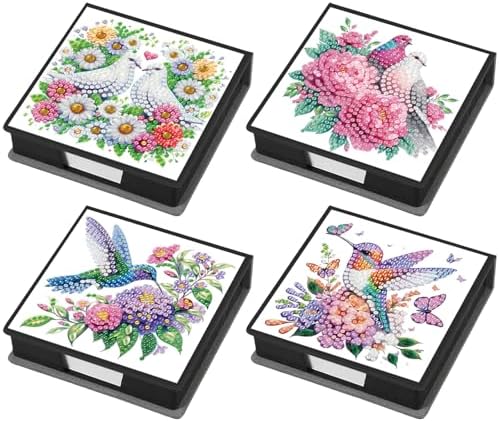 4 Pcs Floral Bird Diamond Art Sticky Note Holder with 640 Sheets Paper, 5D DIY Desktop Memo Pad Organizer for Women, Office Supplies Desk Decor Accessory, Creative Craft Gift by POETRYDRAW