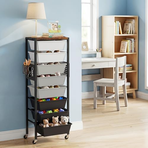 Rolling Cart with Drawers, Rolling Storage Cart with Large Plastic Drawers & Wooden Tabletop, Utility Cart with Pegboards & Basket, Storage Drawers Cart for Living Room, Classroom, Bedroom, Office by Unknown