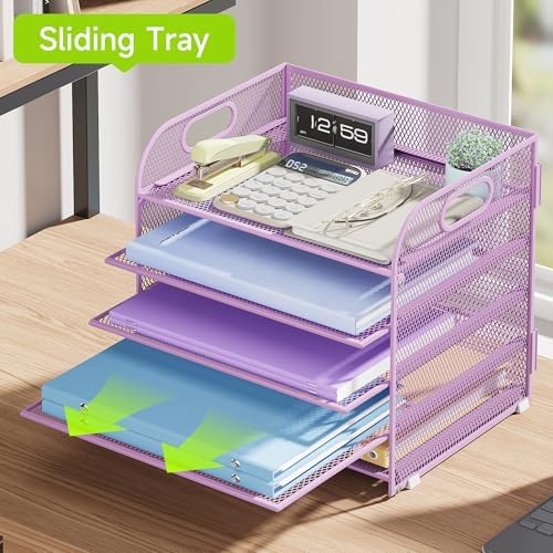 Cawukege 2 Pack 5 Tier Paper Organizer, Letter Tray with Handle, Mesh Desk Organizer, Metal File Organizer, Office Desk Accessories for Home, Office, Classroom, School -Purple - Image 3