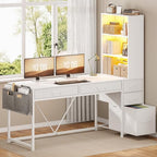 SEDETA Computer Desk with 5 Drawers and Bookshelf, Reversible Home Office Desk with Storage Shelves and File Drawer, Gaming Desk with LED Lights for Small Spaces, White - Image 3