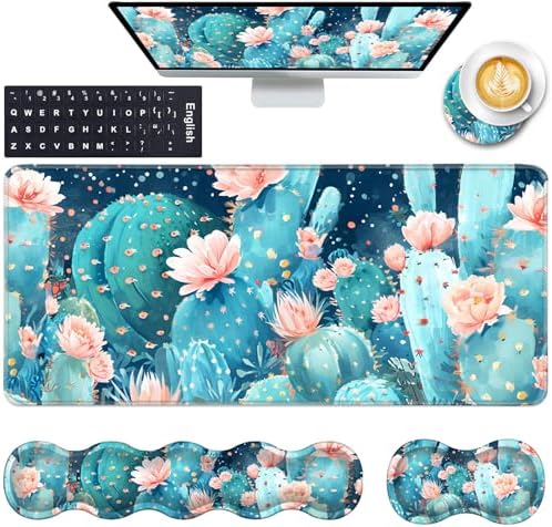 Keyboard Wrist Rest and Mouse Pad with Wrist Support Set Ergonomic Coaster,Memory Foam,Easy Typing Pain Relief,Large XL Desk Mat 31.5"x 11.8",Cute Cactus by CICPLKSE