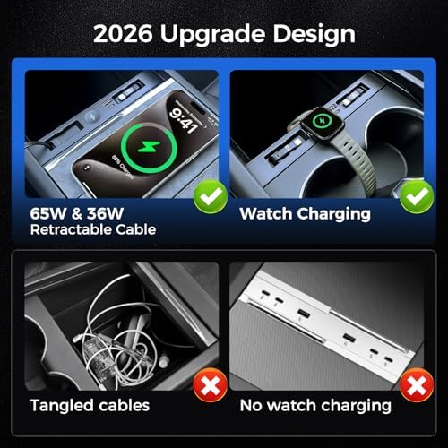 USB Hub for Tesla Model Y Juniper Accessories 2026 & Model 3 Highland 2025 Accessories, Hidden Console Phone Charger Hub Compatible with Apple Watch, Center Interior (2-Type C+Watch Charging) - Image 6