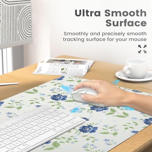 Blue Floral with Butterflies Office Desk Mat 31.5" x 15.7" Desktop Mat PU Leather Large Mouse Pad White Mousepad Non-Slip Table Mat for Girls, Women, Home, Work, Computer, and Gaming - Image 4