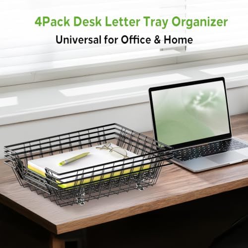 4-Pack Paper Tray Organizer for Desk, Wire Baskets and Letter Trays, Black - Image 2