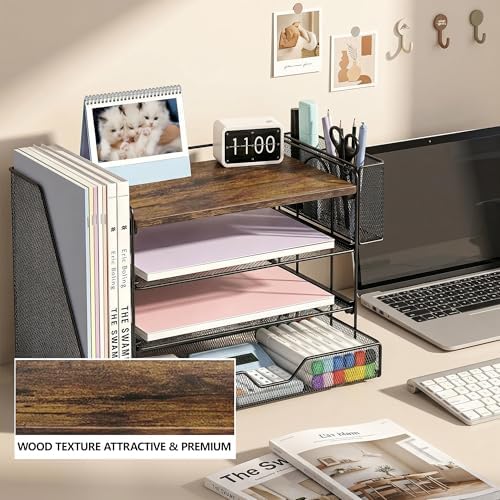 OPNICE Desk Organizers and Accessories, 4-Tier Desktop File Organizer with Drawer and Pen Holders, Office Desk Accessories Workspace Organizers for Office Supplies (Brown) - Image 4