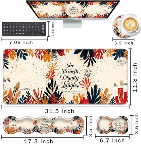 Keyboard Wrist Rest and Mouse Pad with Wrist Support Set Ergonomic Coaster,Memory Foam,Easy Typing Pain Relief,Large XL Desk Mat 31.5"x 11.8",Proverbs 31:25 Quote Art - Image 2