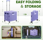Folding Utility Cart, Portable Rolling Crate Handcart Collapsible Shopping Trolley with Lid, Foldable Tool Box Basket with 4 Rotate Wheels for Grocery, Office, Luggage, School - Purple - Image 5