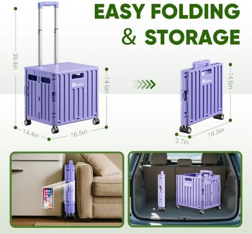 Folding Utility Cart, Portable Rolling Crate Handcart Collapsible Shopping Trolley with Lid, Foldable Tool Box Basket with 4 Rotate Wheels for Grocery, Office, Luggage, School - Purple - Image 5