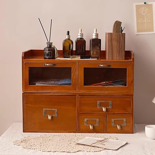 Wood Desktop Organizer with 3 Drawers, Tabletop Desk Storage Drawers, Desk Drawer Cabinet with Top Shelf, Vintage Supplies Organizer Brown for Bedroom Living Room Office - Image 4