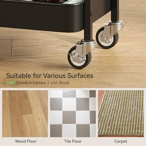 Nunsino 3 Tier Rolling Cart,Utility Cart with Locking Wheels, Hanging Cups & Hooks, Heavy Duty Metal Storage Organizer Cart for Kitchen,Office, Bathroom,Craft Room,Black - Image 5