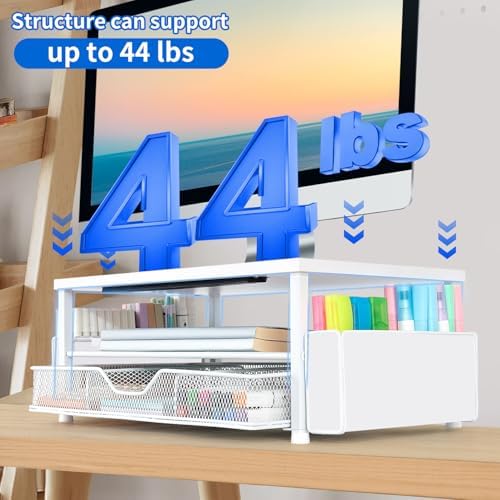 AUPSEN White Monitor Stand Riser, 2-Tier Wood Computer Desk Organizer with Drawer, Pen Storage & Phone Holder, Office Desk Accessories Desktop Organizer for Office Supplies (White) - Image 6