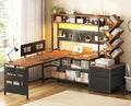 SEDETA L Shaped Office Desk with Drawers and Hutch, Convertible 97.6" Double Computer Desk, Corner Gaming Desk with Storage Shelves, LED Light and Power Outlet, Black and Brown by SEDETA