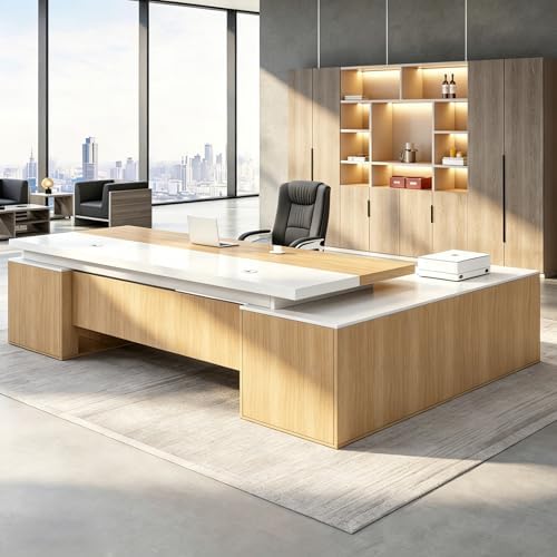 Executive Desk, L Shaped Executive Office Desk with Locking Drawer & File Cabinet, 1'' Thick Desktop, Large Office Desk with Storage, Modern Executive Computer Workstation for Home Office & Business by Unknown