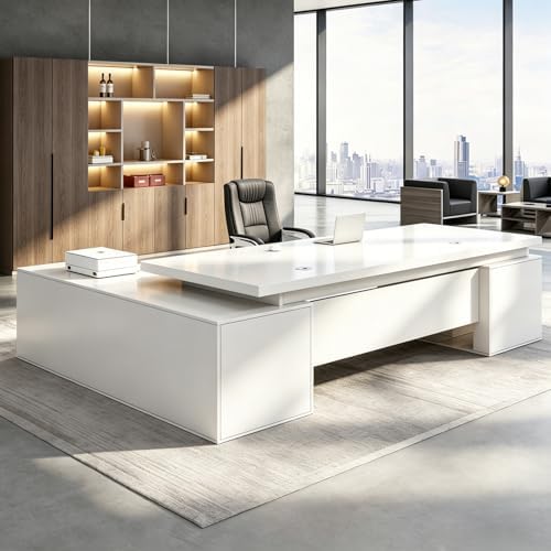 Executive Desk, L Shaped Executive Office Desk with Locking Drawer & File Cabinet, 1'' Thick Desktop, Large Office Desk with Storage, Modern Executive Computer Workstation for Home Office & Business by Unknown
