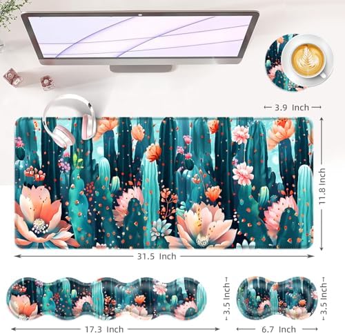 Large Keyboard Mouse Pad Set, Extended Mouse Pad+Keyboard Wrist Rest Support, Memory Foam Ergonomic Easy Typing, 4Pcs (31.5×11.8 in) Desk Pad Set for Office Home,Cute Cactus Blooming Flowers - Image 6