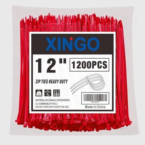 XINGO 12 Inch Red Zip Ties 1200 PCS, 75 LBS Ultra Strong Tensile Strength, UV Resistant Cable Ties, Self-locking Plastic Ties for Indoor and Outdoor Use by XINGO