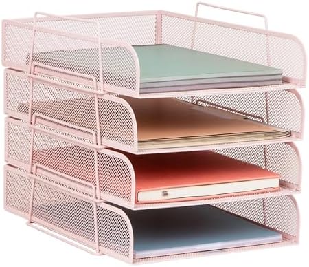 Mind Reader Stackable Paper Tray, Desktop Organizer, File Storage, Office, Metal Mesh, 10.5" L x 13.5" W x 11.25" H, 4 Pcs., Pink by MindReader