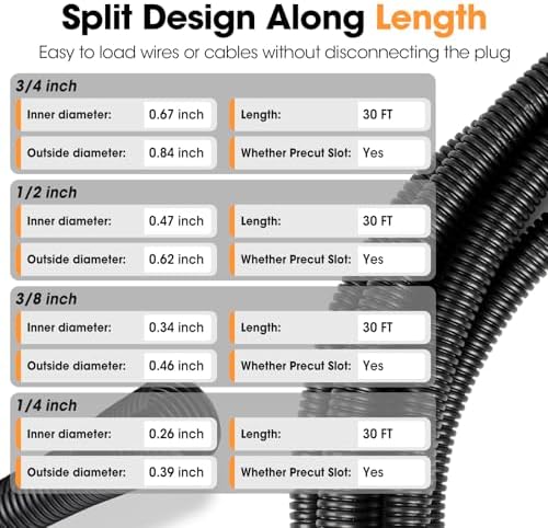 Wire Loom 1/4", 3/8", 1/2", 3/4 Inch x 30 FT, Split Wire Loom Tubing Wire Conduit, Cable Sleeves Bulk Flexible Electrical Conduit Protective kit, Black - Image 3