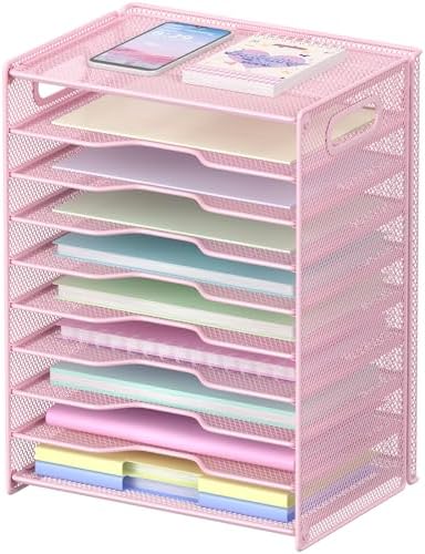 OUTWOLF 10 Tier Paper Organizer - Letter Tray Mesh Desk File Organizer with Handles for Office School Desktop, Pink by OUTWOLF