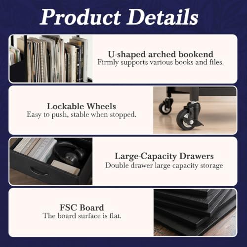 Faesun Printer Stand with Storage, 22'' Rolling Printer Table with 2 Fabric Drawers, File Cabinet for Home Office, Small Office Storage Cabinet with Side Pocket & Dividers, Black - Image 7