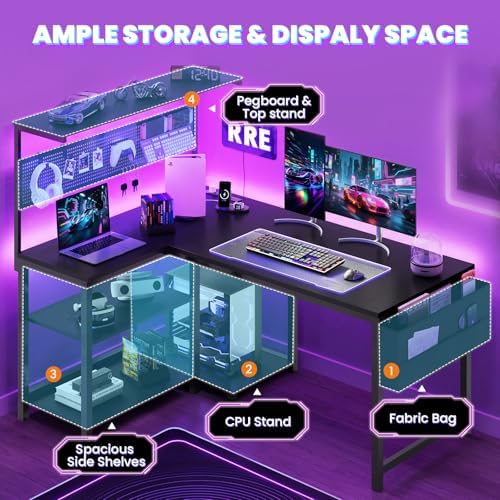 47in L Shaped Gaming Desk with Pegboard & Shelf & Storage Bag, Black - Image 6