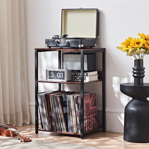 LELELINKY Walnut Oak 18" Wide End Table,3 Tier Large Record Player Stand with Storage Up to 130 Albums,Modern Turntable Stand, Records Vinyl Shelf for Living Room, Bedroom, Printer Desk for Home Office - Image 3