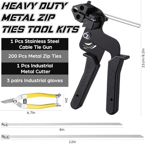 Stainless Steel Cable Tie Gun Kit, 200 Pcs Metal Zip Ties (100 Each of 8/11.8 Inch), Adjustable Fastening and Cutting Tools for Fence, Chain Link Fence, Pipe, Industrial Use - Image 2