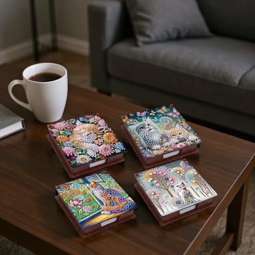 4pcs Beautiful Cat Diamond Art Painting Note Box for Adults, Wooden DIY Sticky Notes Holder Kit with 640 Blank Notepads, Multi-Purpose Desk Organizer for Home Office, Study Thoughtful Gift - Image 6