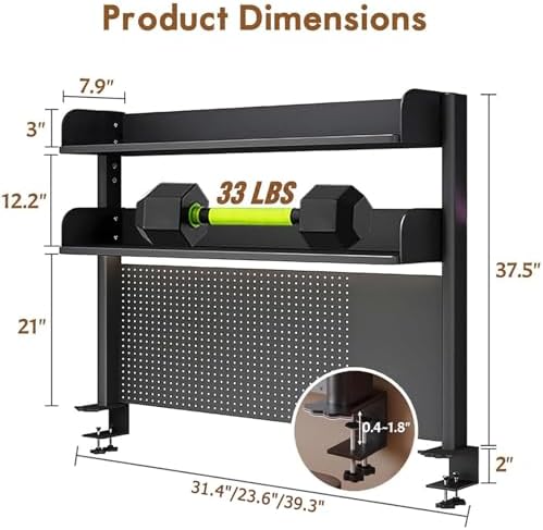 Clamp On Desk Pegboard Shelf - Metal Desktop Organizer Hutch with 2 Shelves - Image 3