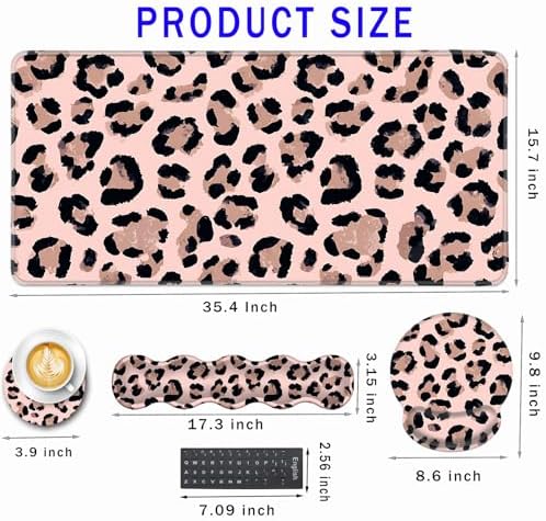 Mouse Pad,Large Pink Desk Mat, 4in1 XXL Mousepad + Keyboard Wrist Rest+Mouse Wrist Rest+Coaster Set with Ergonomic Desk Pad for Home Office Table Computer-Cute Leopard - Image 2
