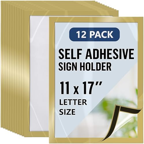 12 Pack Magnetic Sign Holder 11 x 17 with Adhesive Back - Gold Magnetics Poster Frame & Magnetic Paper Holder - Reusable Adhesive Frames 11x17 - Magnet Frame for Wall Windows - Magnet Document Holders by Juzari