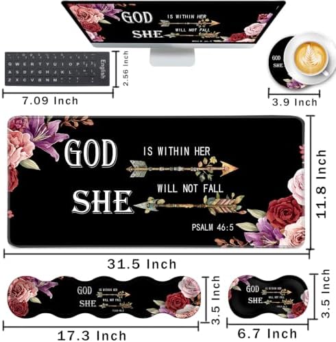 Keyboard Wrist Rest and Mouse Pad with Wrist Support Set Ergonomic Coaster,Memory Foam,Easy Typing Pain Relief,Large XL Desk Mat 31.5"x 11.8",Flower Bible Verse Psalm 46-5 - Image 2