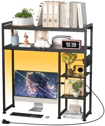 Aetheris Desktop Organizer Shelf, 30" Wooden Office Storage Rack with Outlets, Display Shelf Rack with Light Strip, 5 Tier Desktop Display Rac, Desk Shelf, Desk Hutch for Computer Monitor (Black) by Unknown