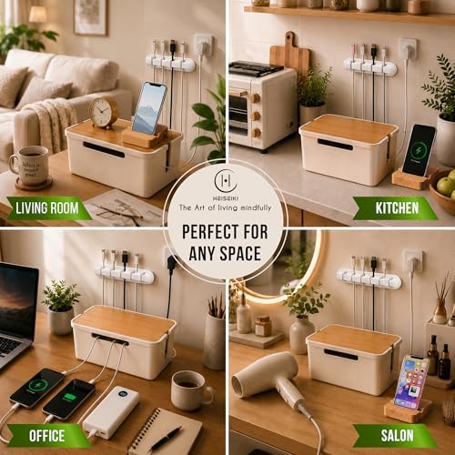Cable Management Box, Cord Organizer, Pine Wood Lid, Cream White - Image 6