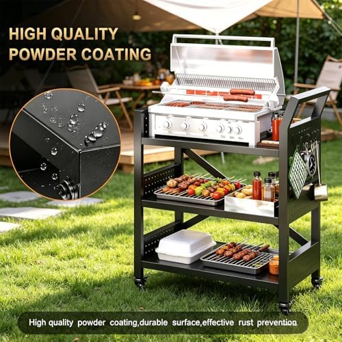 3-Tier Outdoor Grill Cart Table, Heavy-Duty Steel Mobile Pizza Oven Table with Pegboard Lockable Wheels and Ergonomic Handle Multifunctional Organizer Station for Backyard BBQ Camping Tailgate Cooking - Image 3