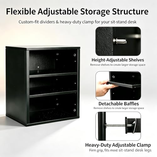 Clamp‑on Desk Leg Shelf, Height‑Adjustable Under Desk Storage Organizer, No Drill Attachable Under Desk Shelf for Standing Desk Accessories, Open 3‑Tier Storage for Home Office Workstation, Black - Image 6