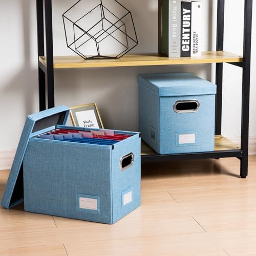 PRANDOM File Organizer Box - Set of 4 Collapsible Decorative Linen Filing Storage Hanging File Folders with Lids Office Cabinet Letter Size Blue (14x9.3x10.8 inch) - Image 3