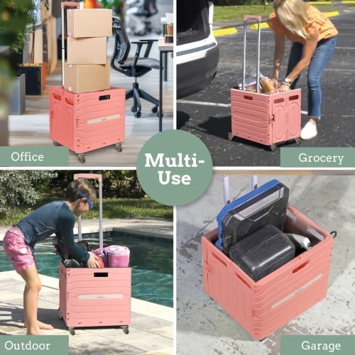 Inspired Living Collapsible Folding Utility Cart, Heavy-Duty Rolling Crate with 360° Wheels, Telescoping Handle, Hidden Lid, Holds 200 Lbs, Pink - Image 6