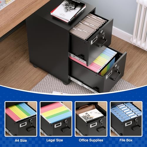 BYNSOE 2 Drawers File Cabinet with Lock Metal Vertical File Cabient with Wheels Mobile File Cabinet for Office Home Legal/Letter/a4 Size Require Assembly - Image 4