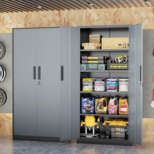 INTERGREAT Metal Storage Cabinet, 72" Locking Steel Cabinets with 2 Door and 4 Adjustable Shelves, Tall Metal Cabinet for Home Office, Garage, Warehouse,(Black+Grey) - Image 2