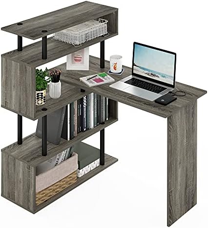 Furinno Classic Desk, 40" Wide L-Shape Gaming Desk, Computer Desk, Writing Desk with 5-Tier S-Shaped Side Shelves for Home Office, Study Room, Dorm, Bedroom, French Oak - Image 4