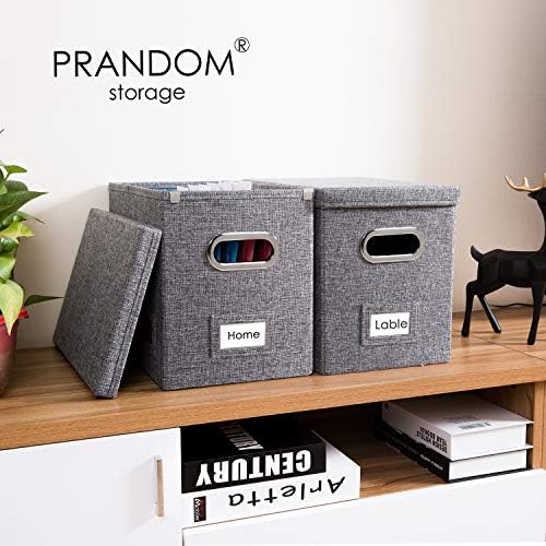 PRANDOM File Organizer Box - Set of 4 Collapsible Decorative Linen Filing Storage Hanging File Folders with Lids Office Cabinet Letter Size Grey (14x9.3x10.8 inch) - Image 3