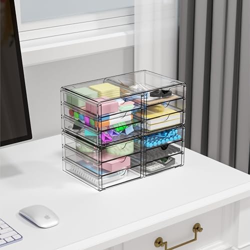Yieach 2 Pack Acrylic Storage Drawers With 12 Small Drawer,Stackable Office Cabinet Organizer and Makeup Organizer,Clear Plastic Drawers for Craft Supply,Pen,Stationary,Accessory,Makeup,Desk Organizer - Image 3