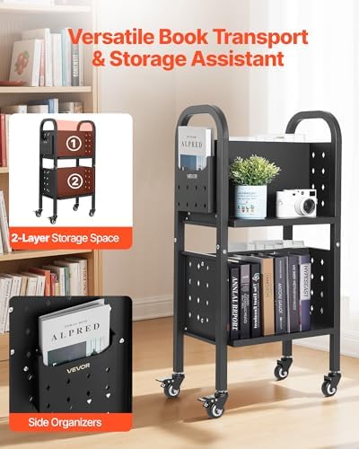 VEVOR Rolling Library Book Cart, 150 lbs Capacity, 17.7 x 13.0 x 34.6-Inch Library Cart, Double Sided L-Shaped Shelves with 2-Inch Lockable Wheels, Book Truck for Home Shelves Office and School, Black - Image 2