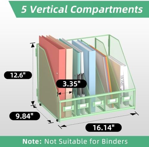 SUPEASY Desk Organizers Metal Desk Magazine File Holder with 5 Vertical Compartments Rack File Organizer for Office Desktop, Classroom, Home Workspace, Green - Image 2