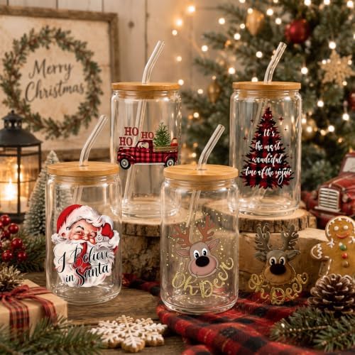 12 Sets Christmas Glass Cups Gifts 16 oz Red Black Buffalo Plaid Glass Cups with Lids and Straws Santa Gnomes Tumbler Christmas Gift for Women Man Friends Coworkers Xmas Party Favors - Image 7