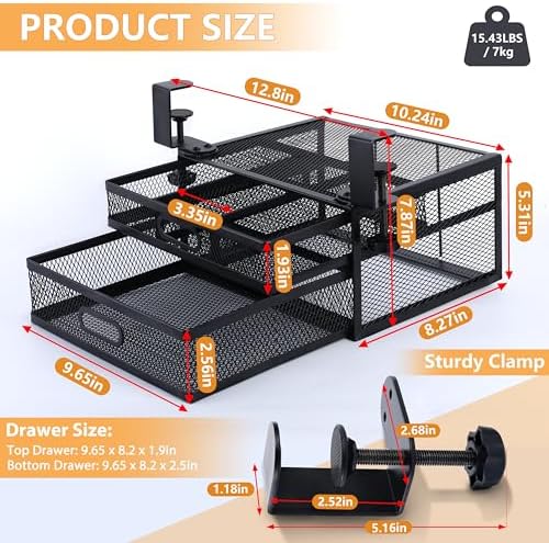 Sliding Under Desk Drawer Organizer No Drilling 2 Drawers Slide Out Desktop Or Under Table Storage Metal Clamp On Desk Drawer Attachment Anti-Slip Small Under Desk Organizer for Home & Office - Image 2