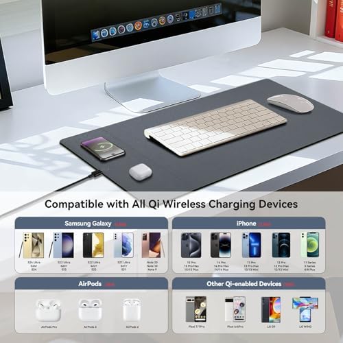 Wireless Charging Mouse Pad, 15W Fast Charge Magnetic Charger Desk Pad, Large Office Desk Mat (23.4x15.6) with Ultra-Smooth Surface, Gray Computer Mousepad for MacBook, PC, Laptop - Image 6