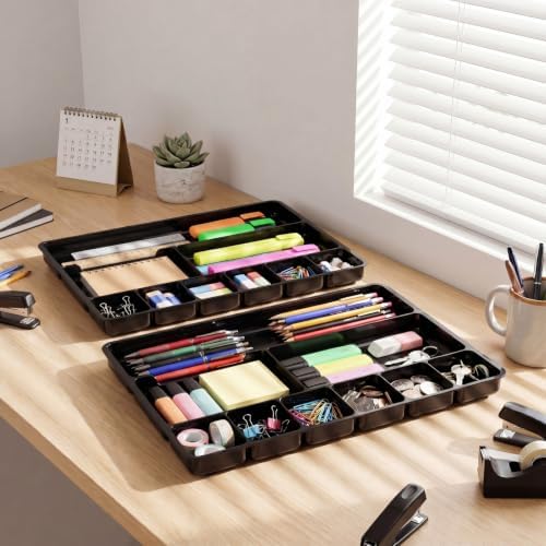 Junkin 4 Pcs Desk Drawer Organizer Tray 14" x 9" x 1",Black - Image 5